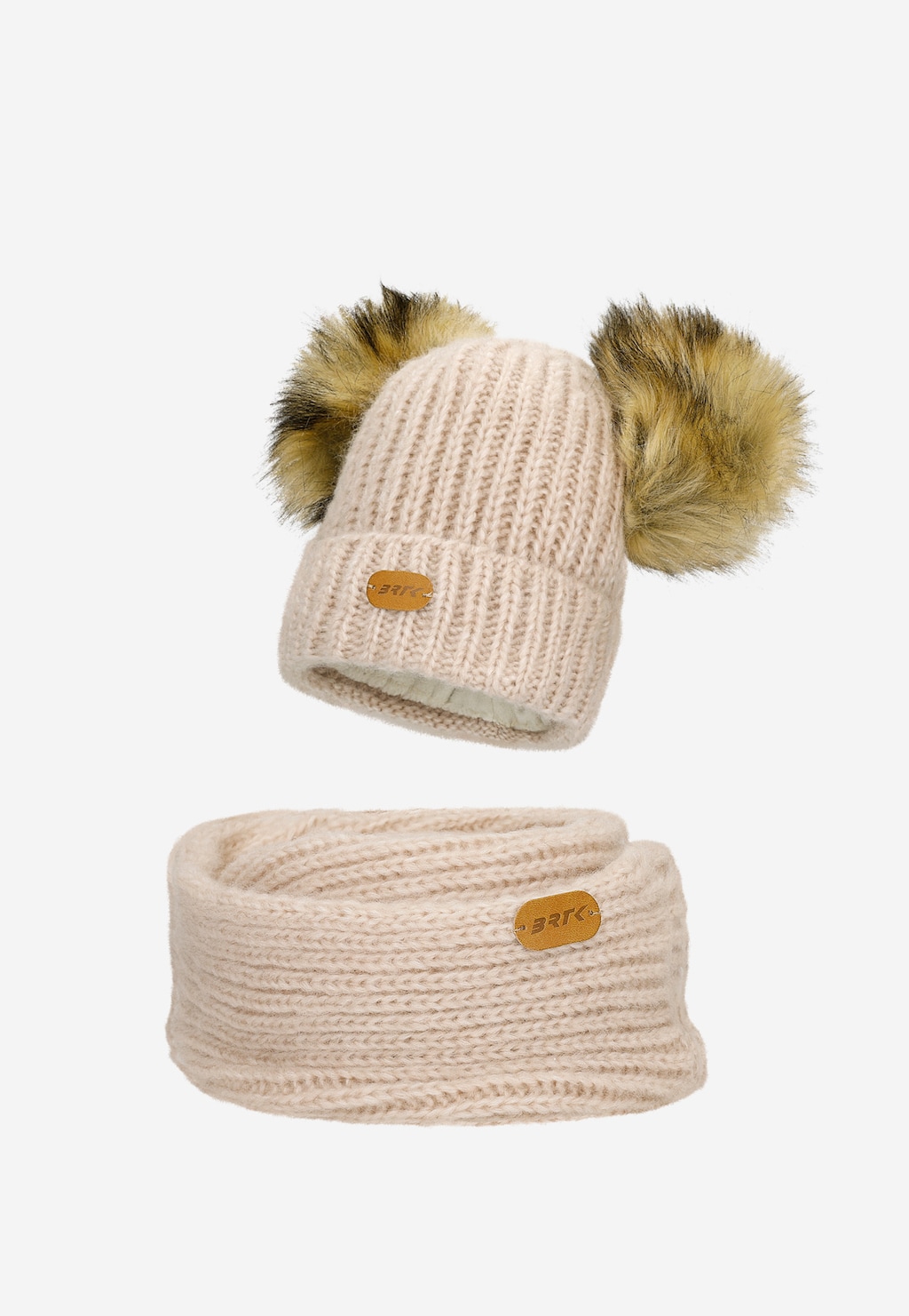 Zestaw zimowy z wełną merino BARTEK 85603-84 beżowa czapka z dwoma pomponami i komin Widok 2