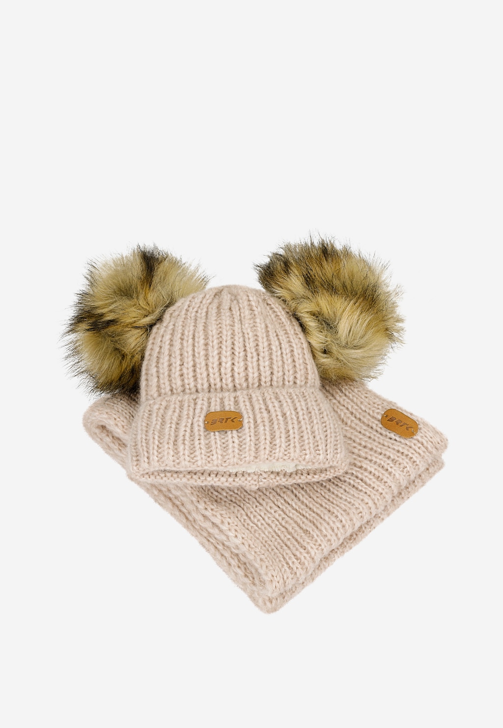 Zestaw zimowy z wełną merino BARTEK 85603-84 beżowa czapka z dwoma pomponami i komin Widok 5