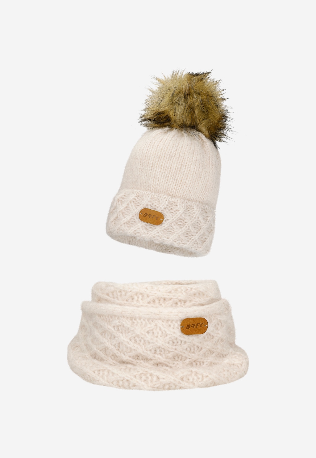 Jasnobeżowy komplet BARTEK 8560284 czapka + komin z wełną merino Widok 2