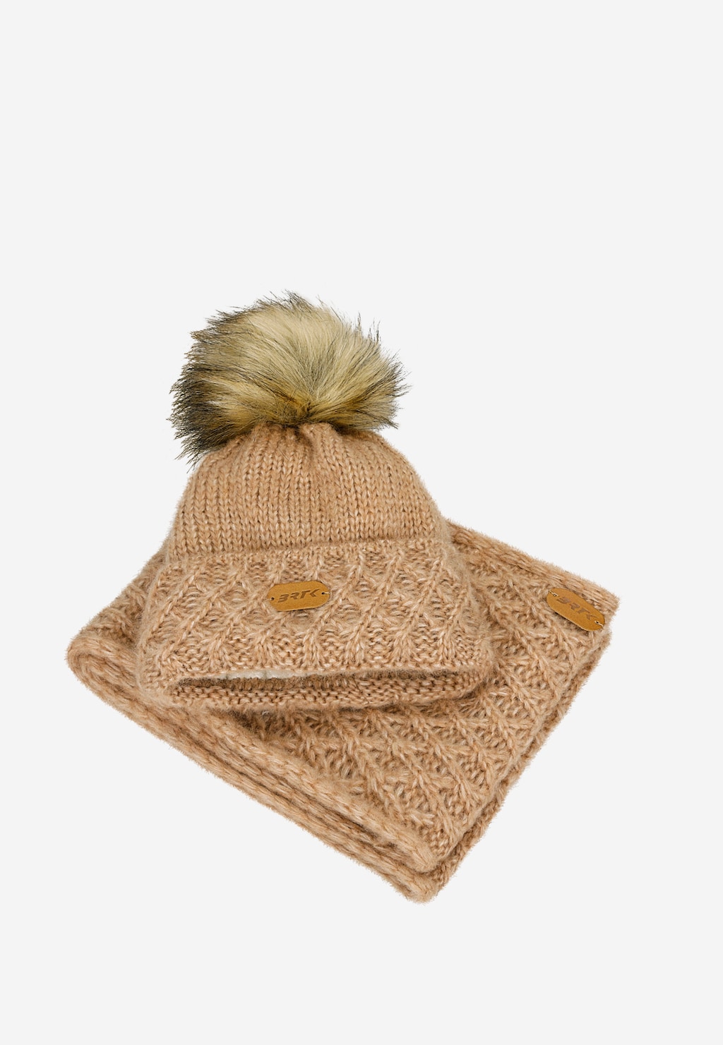 Jasnobrązowy zestaw BARTEK 85602-83 z wełną merino - czapka + komin Widok 4
