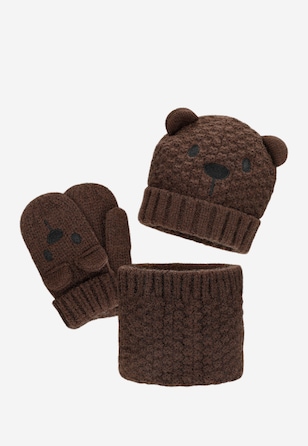 Dziecięcy komplet zimowy z brązowym misiem czapka rękawiczki komin BARTEK 85614-12