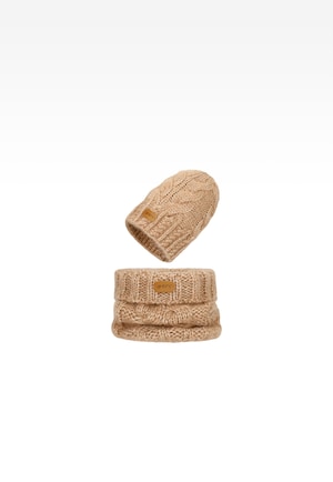 Jasnobrązowy zestaw BARTEK z wełny merino 85604-82, czapka + komin