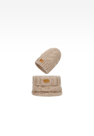 Beżowy zestaw BARTEK z wełną merino 85604-84, czapka + komin