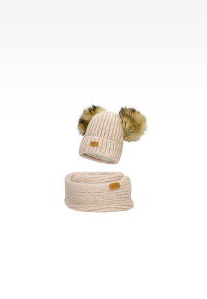 Zestaw zimowy z wełną merino BARTEK 85603-84 beżowa czapka z dwoma pomponami i komin