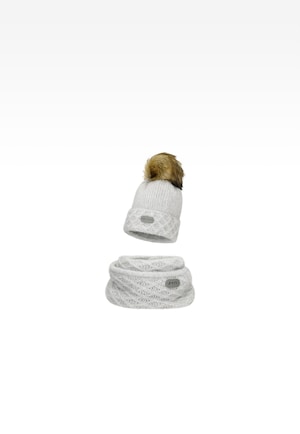 Szary zestaw BARTEK z wełną merino 85602-80 czapka z puchatym pomponem + komin