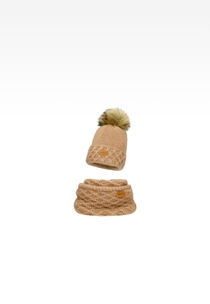 Jasnobrązowy zestaw BARTEK 85602-83 z wełną merino - czapka + komin