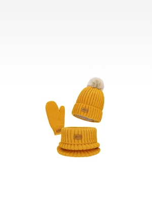 Żółty komplet zimowy BARTEK 85601-12 czapka z pomponem + komin + rękawiczki