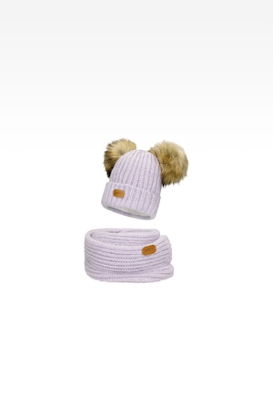 Fioletowy zestaw BARTEK 85603-86  z wełną merino - czapka z dwoma pomponami i komin