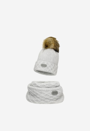 Szary zestaw BARTEK z wełną merino 85602-80 czapka z puchatym pomponem + komin