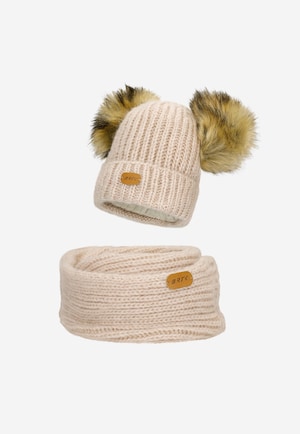 Zestaw zimowy z wełną merino BARTEK 85603-84 beżowa czapka z dwoma pomponami i komin