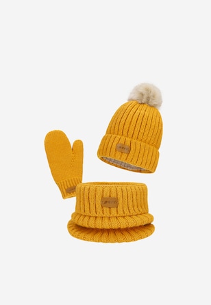 Żółty komplet zimowy BARTEK 85601-12 czapka z pomponem + komin + rękawiczki