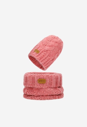 Zimowy zestaw dziewczęcy BARTEK z wełny merino 85604-85, różowa czapka + komin