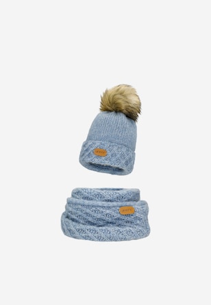 Niebieski komplet czapka + komin BARTEK 85602-86 z wełny merino
