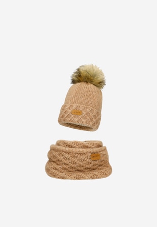 Jasnobrązowy zestaw BARTEK 85602-83 z wełną merino - czapka + komin