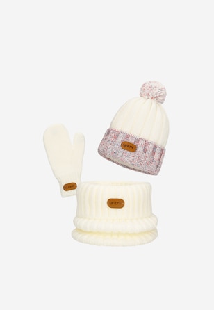 Biało-kolorowy zestaw czapka + komin + rękawiczki BARTEK 85600-19