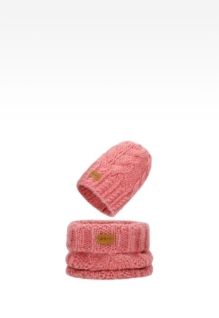 Zimowy zestaw dziewczęcy BARTEK z wełny merino 85604-85, różowa czapka + komin