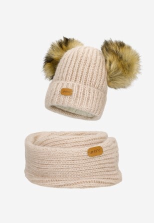 Zestaw zimowy z wełną merino BARTEK 85603-84 beżowa czapka z dwoma pomponami i komin