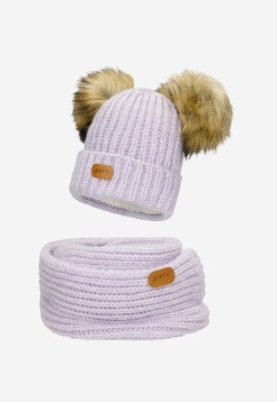 Fioletowy zestaw BARTEK 85603-86  z wełną merino - czapka z dwoma pomponami i komin
