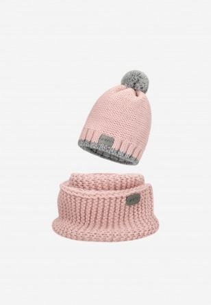 Różowy zestaw BARTEK dla dziewczynki czapka z odblaskowym pomponem + komin