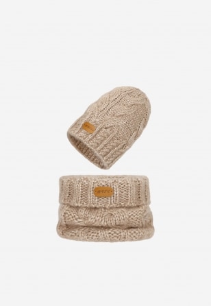 Beżowy zestaw BARTEK z wełną merino 85604-84, czapka + komin