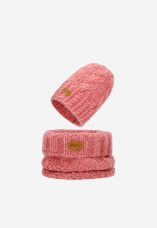 Zimowy zestaw dziewczęcy BARTEK z wełny merino 85604-85, różowa czapka + komin