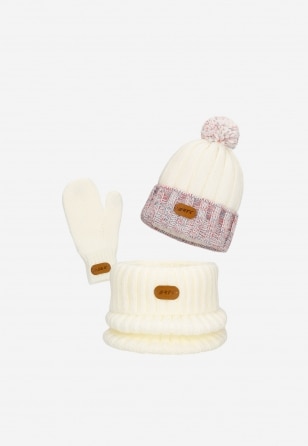 Biało-kolorowy zestaw czapka + komin + rękawiczki BARTEK 85600-19